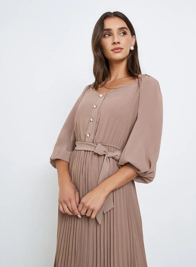 Styli Beige Solid Pleated Buttoned Maxi Dress