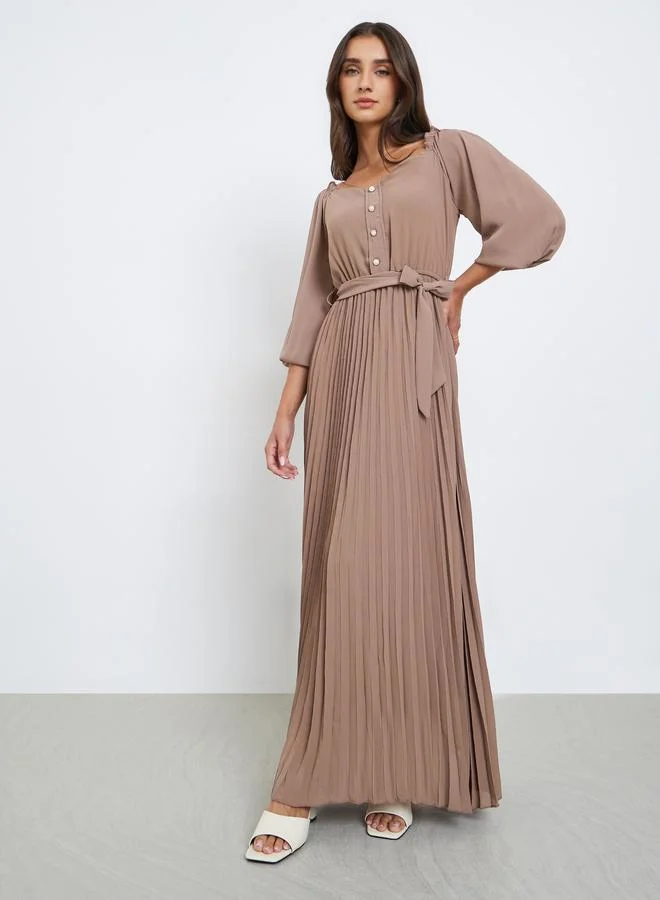 Styli Beige Solid Pleated Buttoned Maxi Dress