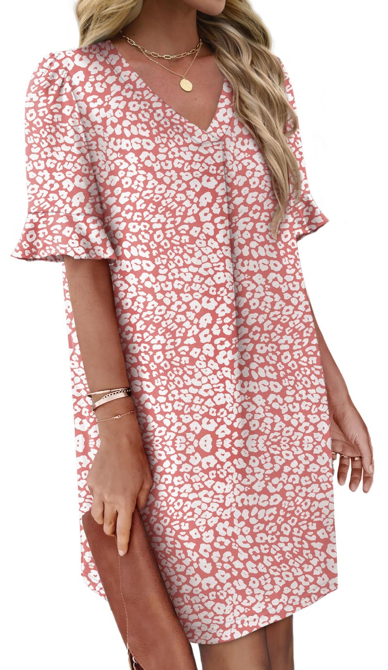 OFEEFAN Leopard Print Dress for Women Casual Summer Dresses for Women 2026 Short Sleeve V Neck Loose Dress with Pockets Pink M - Image 3