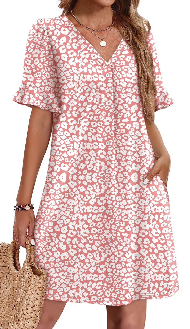 OFEEFAN Leopard Print Dress for Women Casual Summer Dresses for Women 2026 Short Sleeve V Neck Loose Dress with Pockets Pink M - Image 1