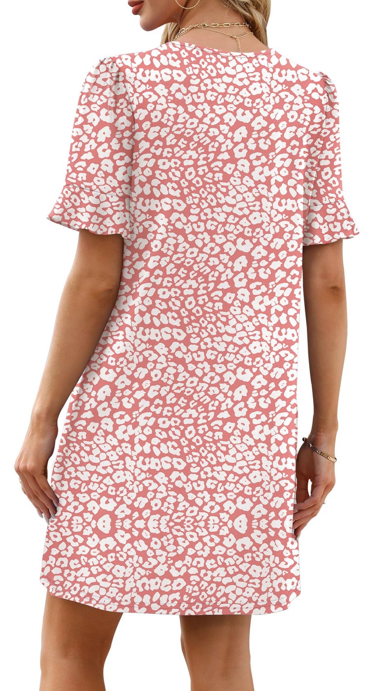 OFEEFAN Leopard Print Dress for Women Casual Summer Dresses for Women 2026 Short Sleeve V Neck Loose Dress with Pockets Pink M - Image 5