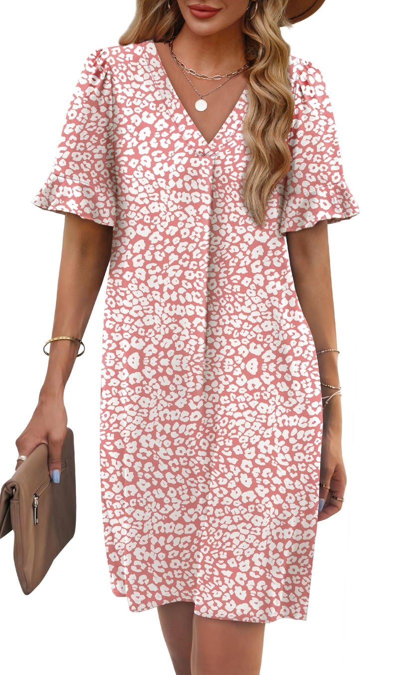 OFEEFAN Leopard Print Dress for Women Casual Summer Dresses for Women 2026 Short Sleeve V Neck Loose Dress with Pockets Pink M - Image 2