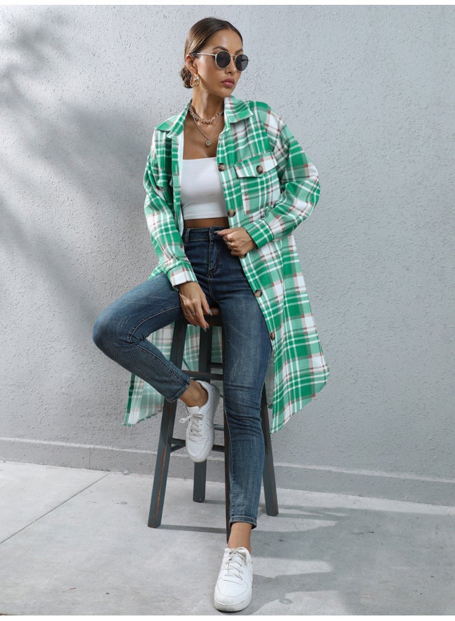 European And American Women's European Station Autumn And Winter Plaid Single-breasted Long Coat Jacket