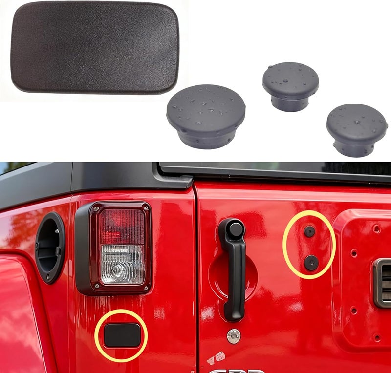 CousDUoBe (Combo Pack) 3 Pieces Wrangler Tailgate Plugs and 1 Piece Wrangler RearLicense Plate Deletion Panel Compatible for 2007-2018 Jeep JK JKU Easy to Install Without Tools - Image 1