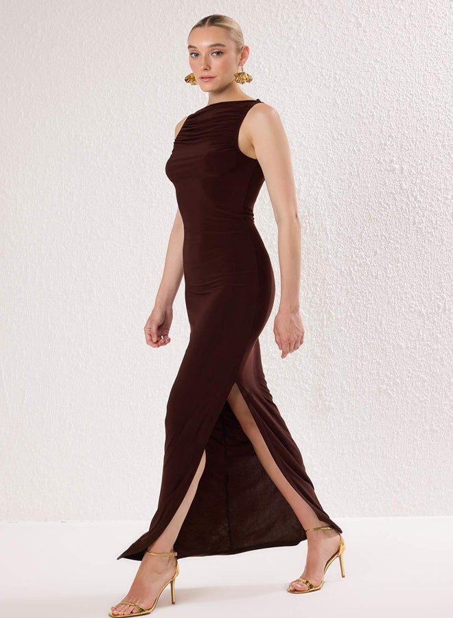trendyol Brown Gathered Neckline Detail Knitted Long Stylish Evening Dress Evening Homecoming Dress - Image 2