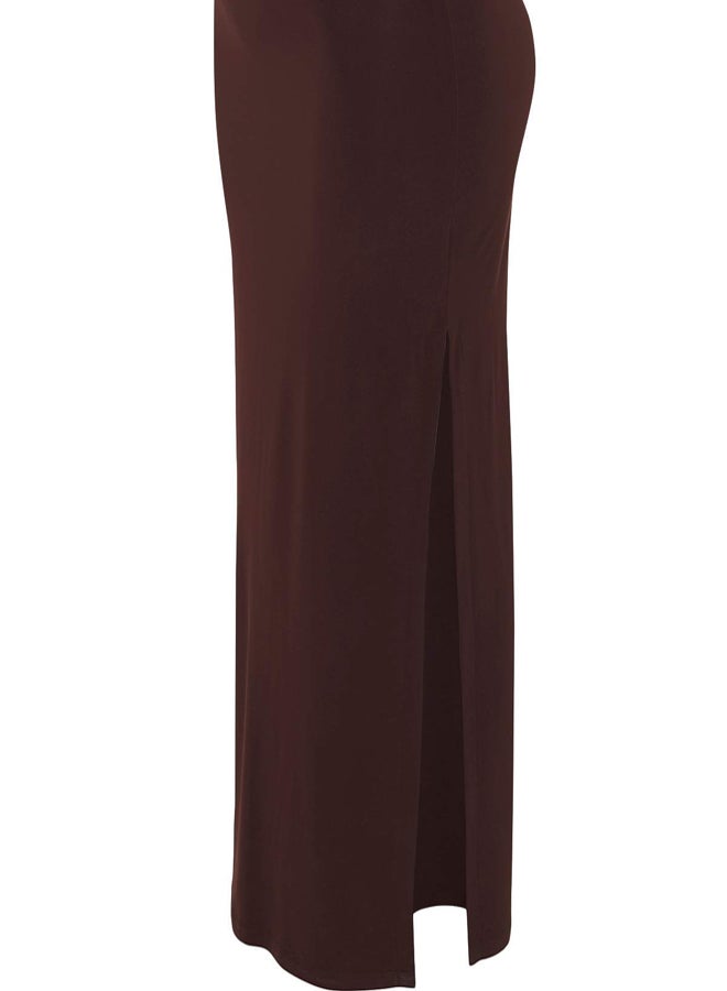 trendyol Brown Gathered Neckline Detail Knitted Long Stylish Evening Dress Evening Homecoming Dress - Image 5
