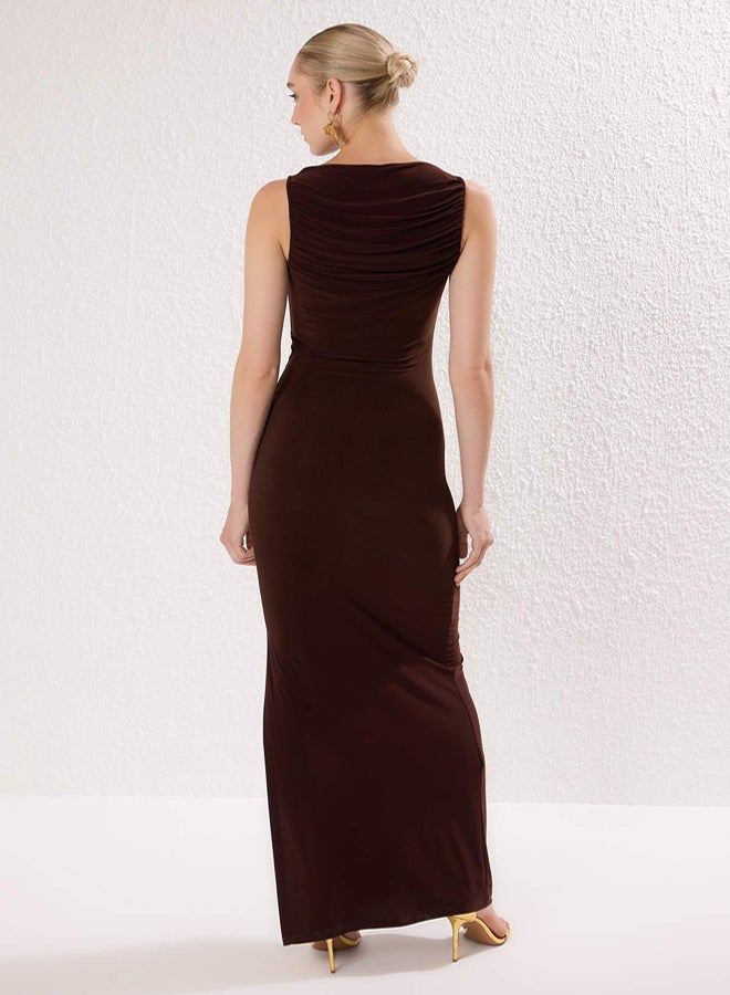 trendyol Brown Gathered Neckline Detail Knitted Long Stylish Evening Dress Evening Homecoming Dress - Image 4