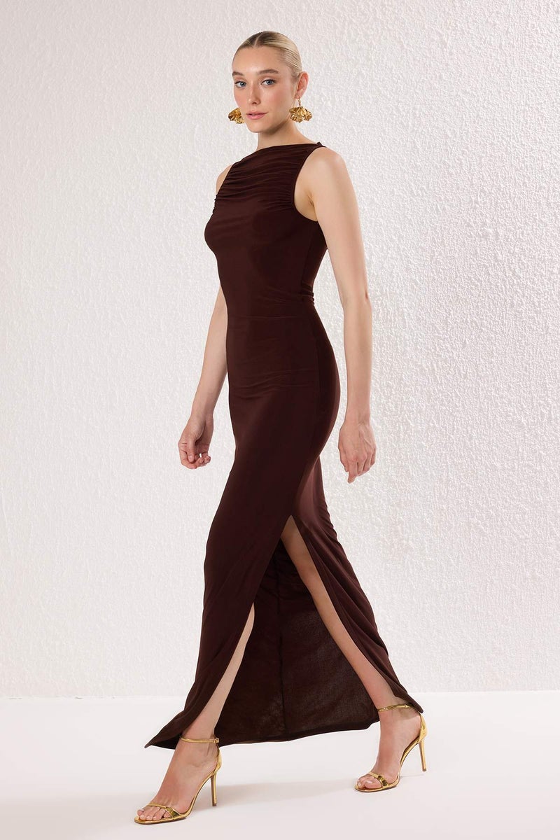 trendyol Brown Gathered Neckline Detail Knitted Long Stylish Evening Dress Evening Homecoming Dress - Image 2