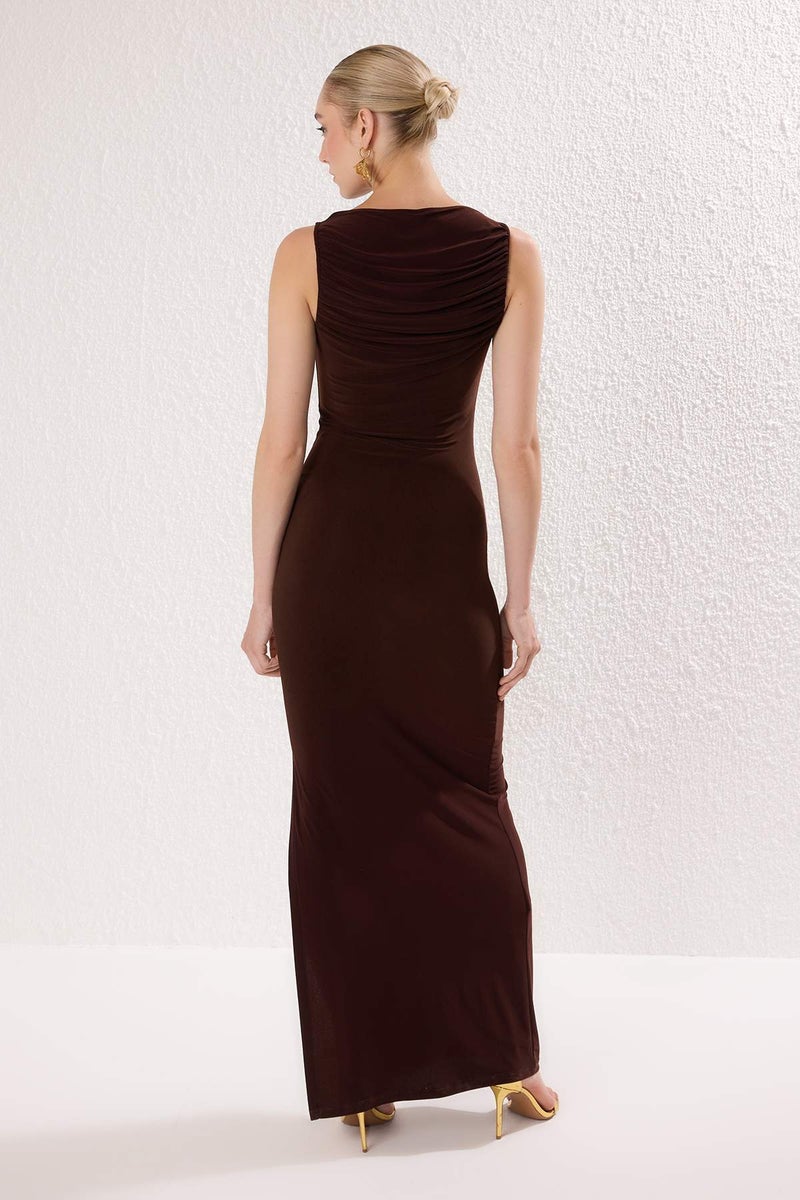 trendyol Brown Gathered Neckline Detail Knitted Long Stylish Evening Dress Evening Homecoming Dress - Image 4