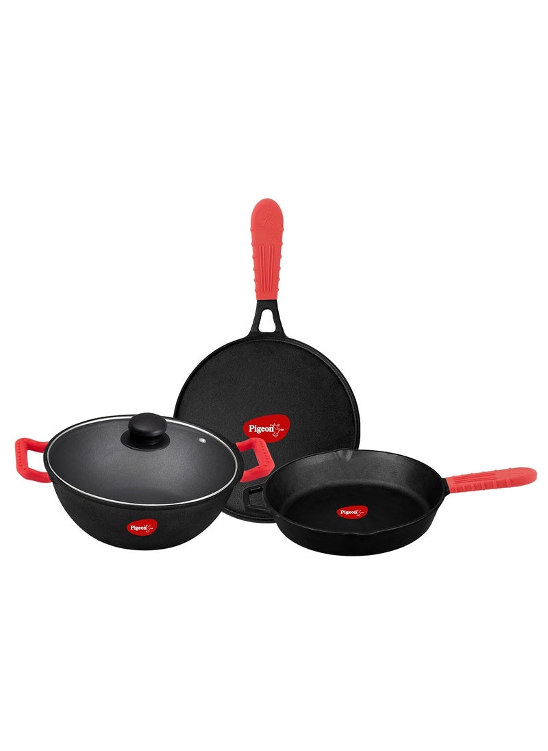 pigeon Pigeon by Stovekraft Pre-Seasoned Cast Iron Cookware 3 Pc Combi (Tawa 25 cm,Fry Pan 22 cm,Kadai with Glass Lid 24 cm) | Pre-Seasoned | Toxin-Free | High Pressure Casting | Naturally Nonstick  - Image 1