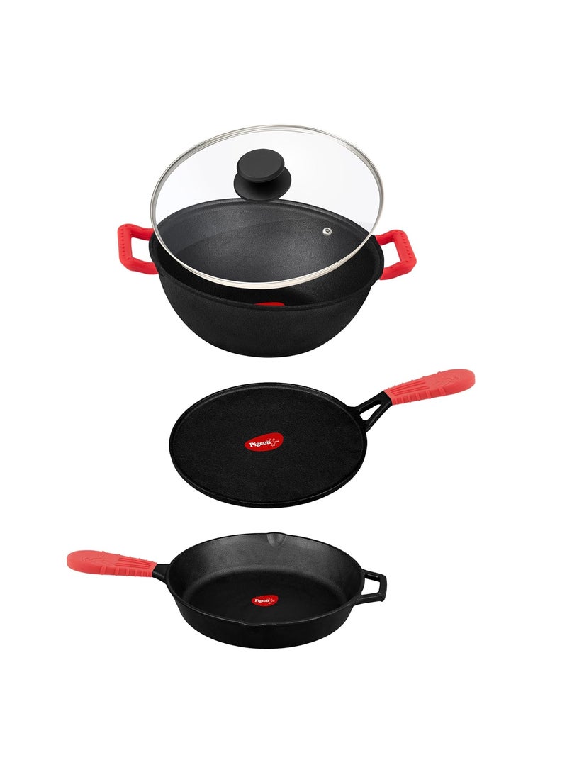 pigeon Pigeon by Stovekraft Pre-Seasoned Cast Iron Cookware 3 Pc Combi (Tawa 25 cm,Fry Pan 22 cm,Kadai with Glass Lid 24 cm) | Pre-Seasoned | Toxin-Free | High Pressure Casting | Naturally Nonstick  - Image 2