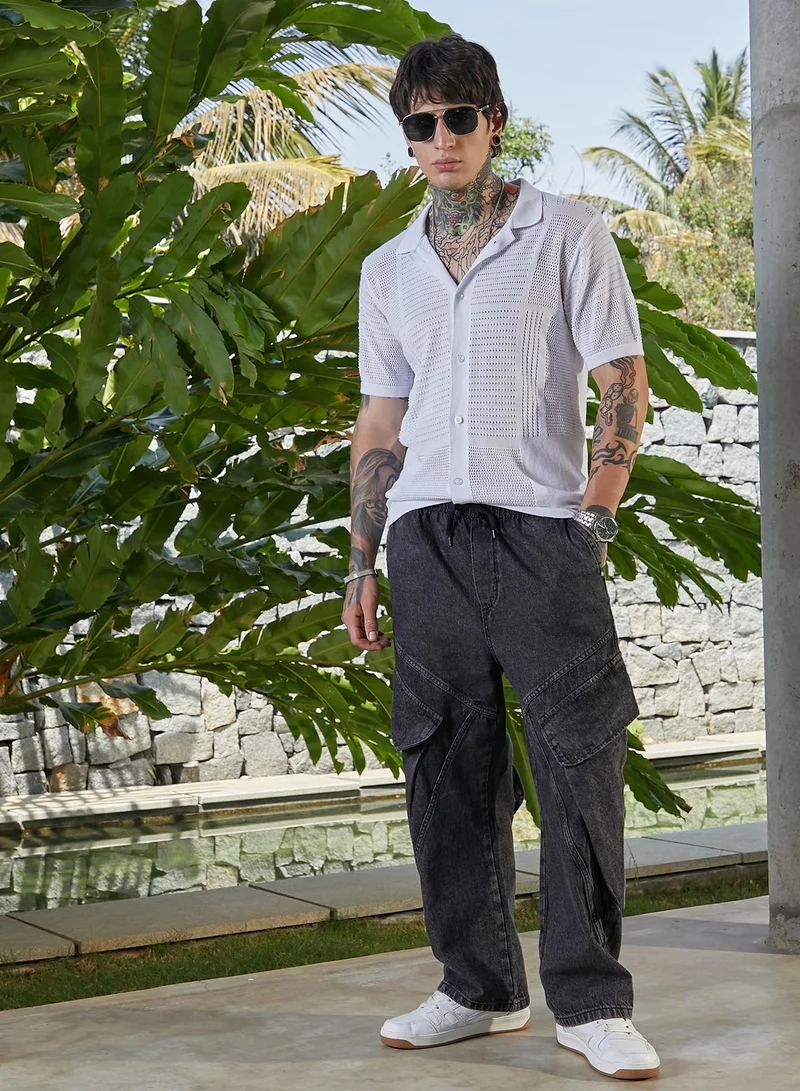Campus Sutra Men's Chalk White Grid Open-Knit Shirt