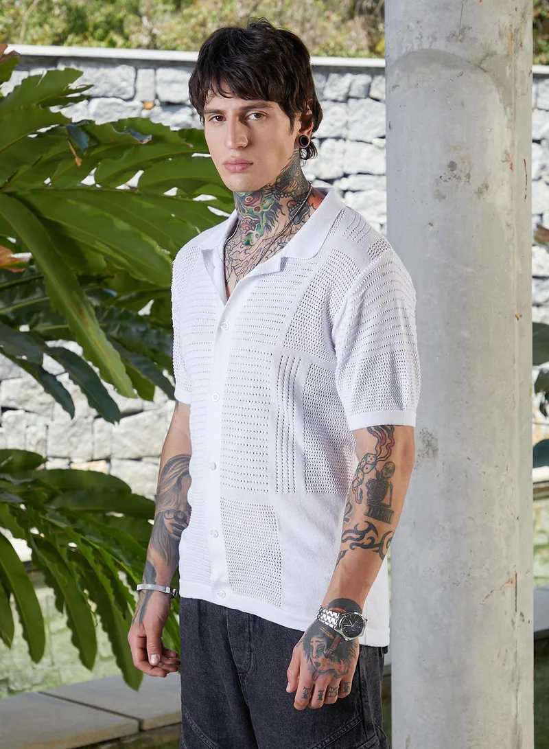 Campus Sutra Men's Chalk White Grid Open-Knit Shirt