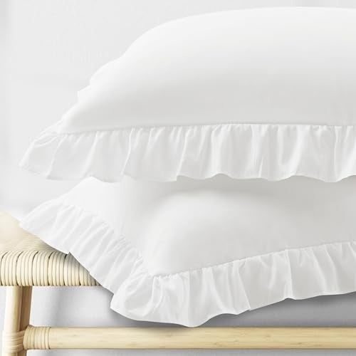 KKJIAF Ruffle Pillow Cases Standard Size Set of 2, Ruffled Pillow Covers with Envelope Closure, Wrinkle Resistant Pillowcases 20" x 26", Ruffled Pillow Shams, White - Image 1