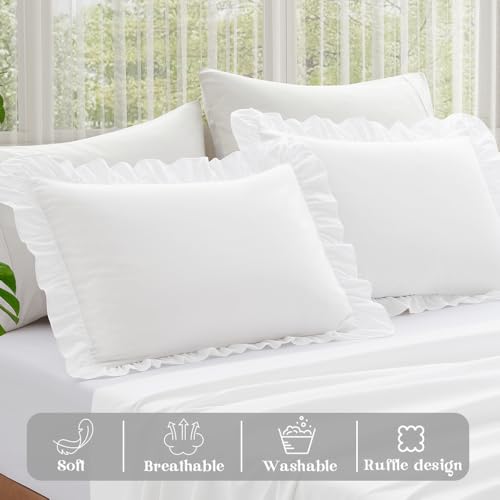 KKJIAF Ruffle Pillow Cases Standard Size Set of 2, Ruffled Pillow Covers with Envelope Closure, Wrinkle Resistant Pillowcases 20" x 26", Ruffled Pillow Shams, White - Image 4