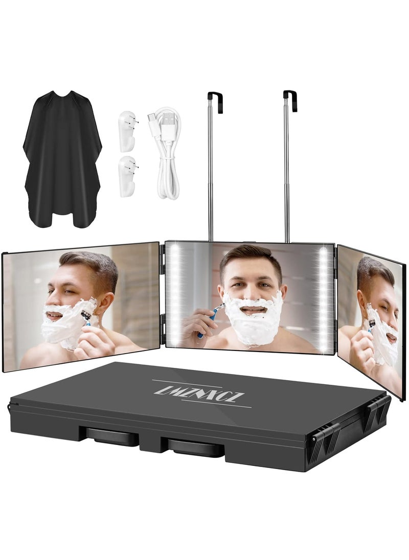 LMZNXCZ with LED Lights 3 Way Mirror for Self Hair Cutting360 Haircuts Mirror Men for Barber Use Toolsto See Back of HeadTri Fold Mirror with Portable Height Adjustable Telescoping Hooks  - Image 1
