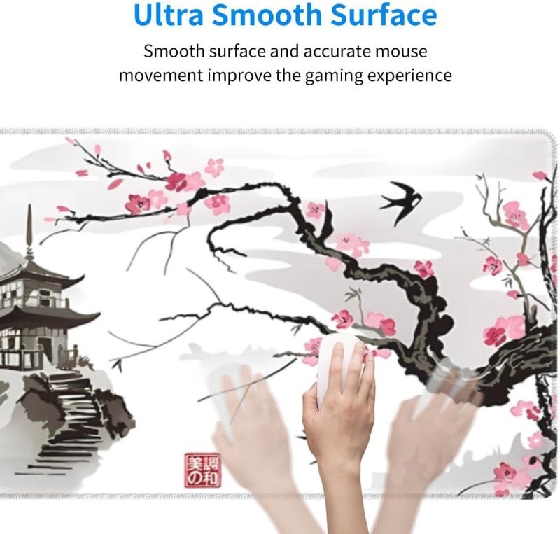 Gaming Mouse Pad XL Pagoda and Plum Blossom Oversized Desk Mat with Stitched Edges - Image 3