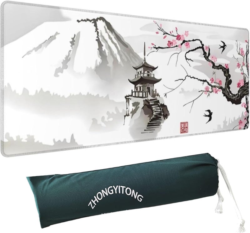 Gaming Mouse Pad XL Pagoda and Plum Blossom Oversized Desk Mat with Stitched Edges - Image 1
