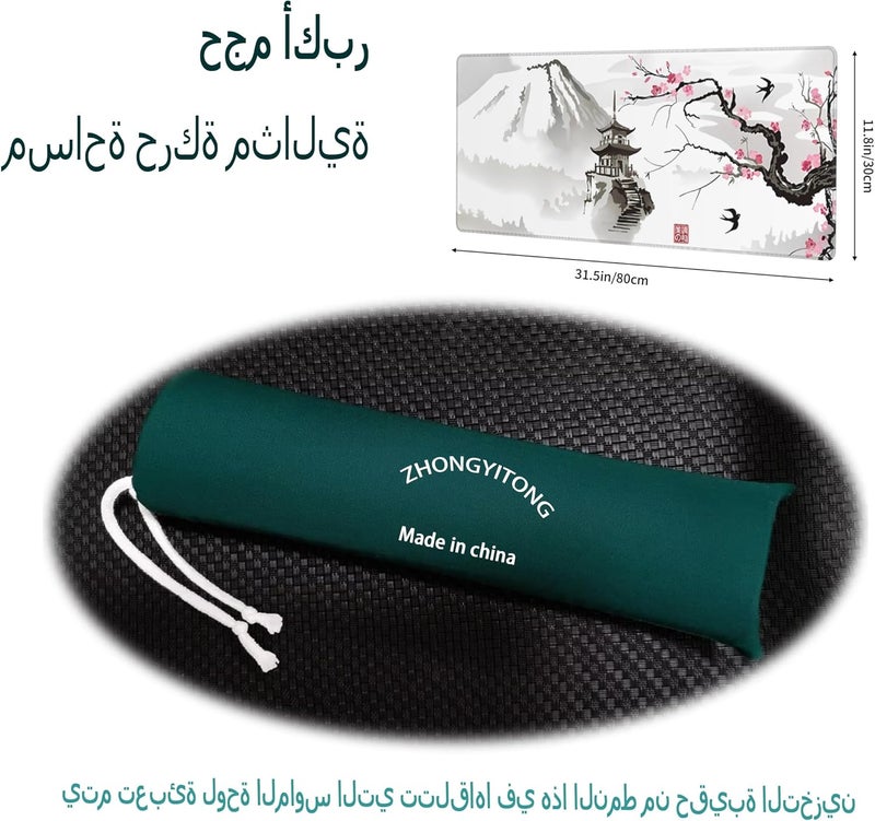 Gaming Mouse Pad XL Pagoda and Plum Blossom Oversized Desk Mat with Stitched Edges - Image 2