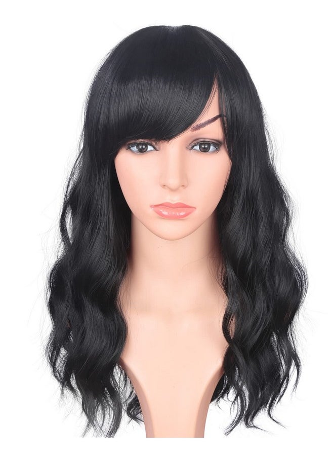 SYMEIW - Medium Long Black Wavy Wigs For Women Synthetic Full Hair Natural Black Wigs With Side Bangs For Daily Use 16 Inches (Natural Black(1)) - Image 1