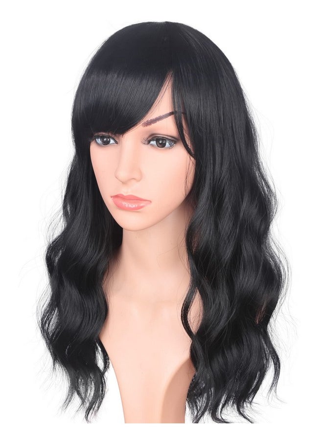 SYMEIW - Medium Long Black Wavy Wigs For Women Synthetic Full Hair Natural Black Wigs With Side Bangs For Daily Use 16 Inches (Natural Black(1)) - Image 1