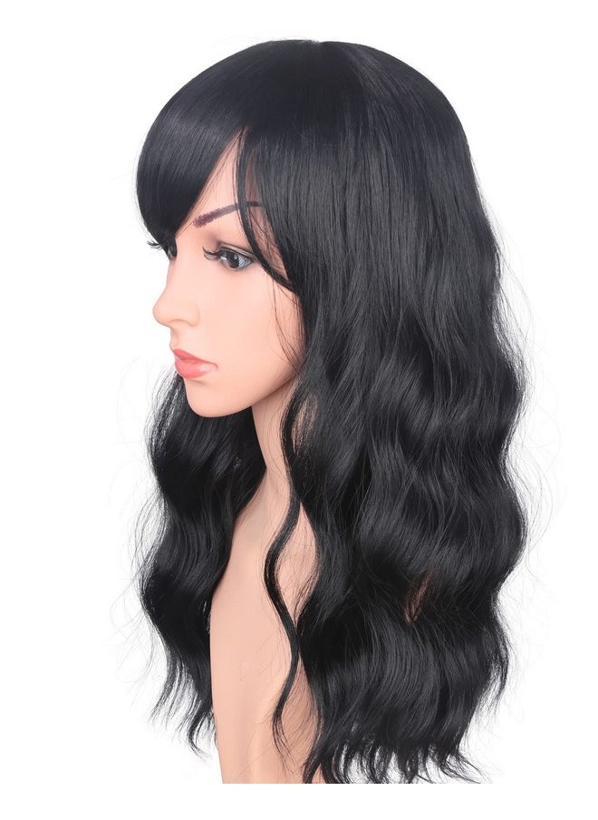 SYMEIW - Medium Long Black Wavy Wigs For Women Synthetic Full Hair Natural Black Wigs With Side Bangs For Daily Use 16 Inches (Natural Black(1)) - Image 1