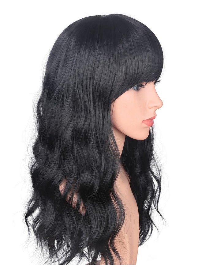 SYMEIW - Medium Long Black Wavy Wigs For Women Synthetic Full Hair Natural Black Wigs With Side Bangs For Daily Use 16 Inches (Natural Black(1)) - Image 1