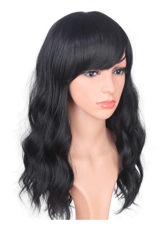 SYMEIW - Medium Long Black Wavy Wigs For Women Synthetic Full Hair Natural Black Wigs With Side Bangs For Daily Use 16 Inches (Natural Black(1)) - Image 1