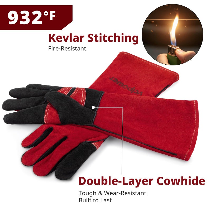 vclpower Welding Gloves 16 Inches 932Â°F Extreme Heat Fire Resistant Leather Forge Gloves for Mig, Tig, Stick, BBQ, Fireplace, Wood Stove, Furnace, Animal Handling, Handling Dry Ice - Safety Work L - Image 5
