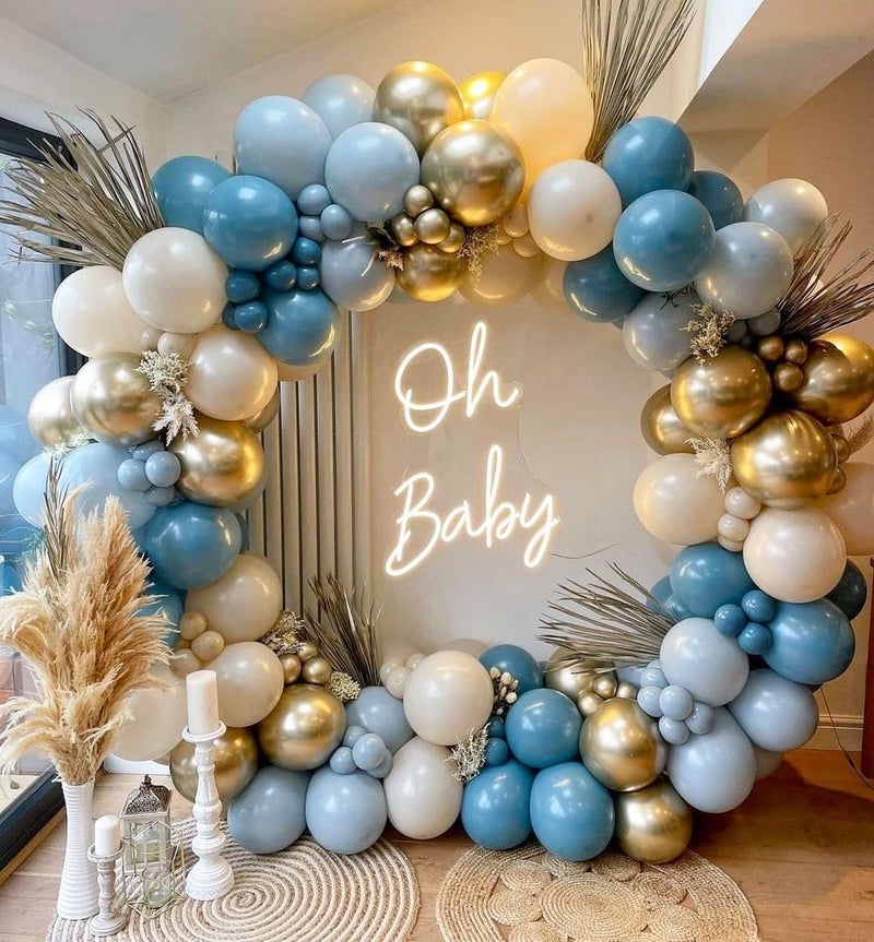 IHEPYQ Dusty Blue Balloon Arch Kit - 167pcs Balloon Arch Garland Kit Include White Sand Pastel Blue Ocean Blue Chrome Gold Balloon Perfect for Celebrating Baby Boys' Birthdays and Showers - Image 1