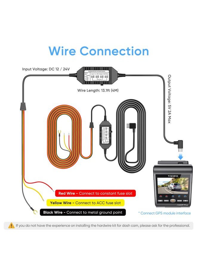 Viofo كابل HK4 Acc Hardwire، كابل USB-C للتوصيل المباشر لسلسلة A329/Sلسلة A229/A119Mini2/A139Pro/WM1/T130 كاميرا داش، حماية من الجهد المنخفض لوضع الوقوف (لا يتضمن وصلة الفيوز) - Image 3