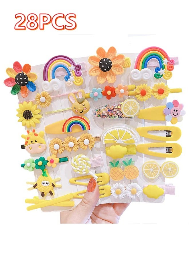 28 قطعة مشابك شعر لطيفة، إكسسوارات شعر عصرية للبنات بأشكال أزهار وفواكه بألوان قوس قزح وحلوى، غير قابلة للانزلاق، مثالية للفتيات، الأطفال، المراهقات والأطفال الصغار (أصفر متعدد الألوان) - Image 1