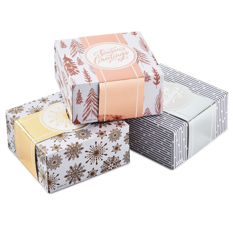 Hallmark 0005XBC1126 Holiday Set of 3 with Wrap Bands for Christmas Hanukkah Weddings Small Gift Boxes Paper Metallic Rose Gold Silver Trees Snowflakes