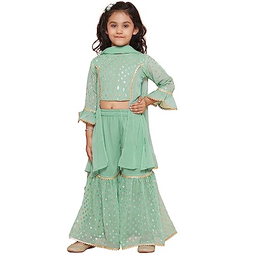 AJ DEZINES Georgette Kids Ethnic Wear Foil Printed Panelled Green Kurta Sharara Set For Girls With Dupatta (G-1094-Green-32), 9-10 Years - Image 1