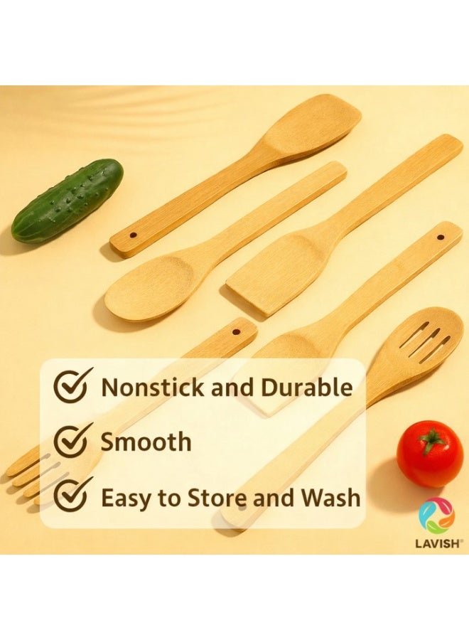 LAVISH Natural Wood Kitchen Utensil 5 Pcs Set | Heat-Resistant & Scratch-Resistant Cooking Tools | Wooden Spoon, Spatula, Slotted Spatula, Turner & Scraper | Non-Slip, Lightweight & Durable - Image 3