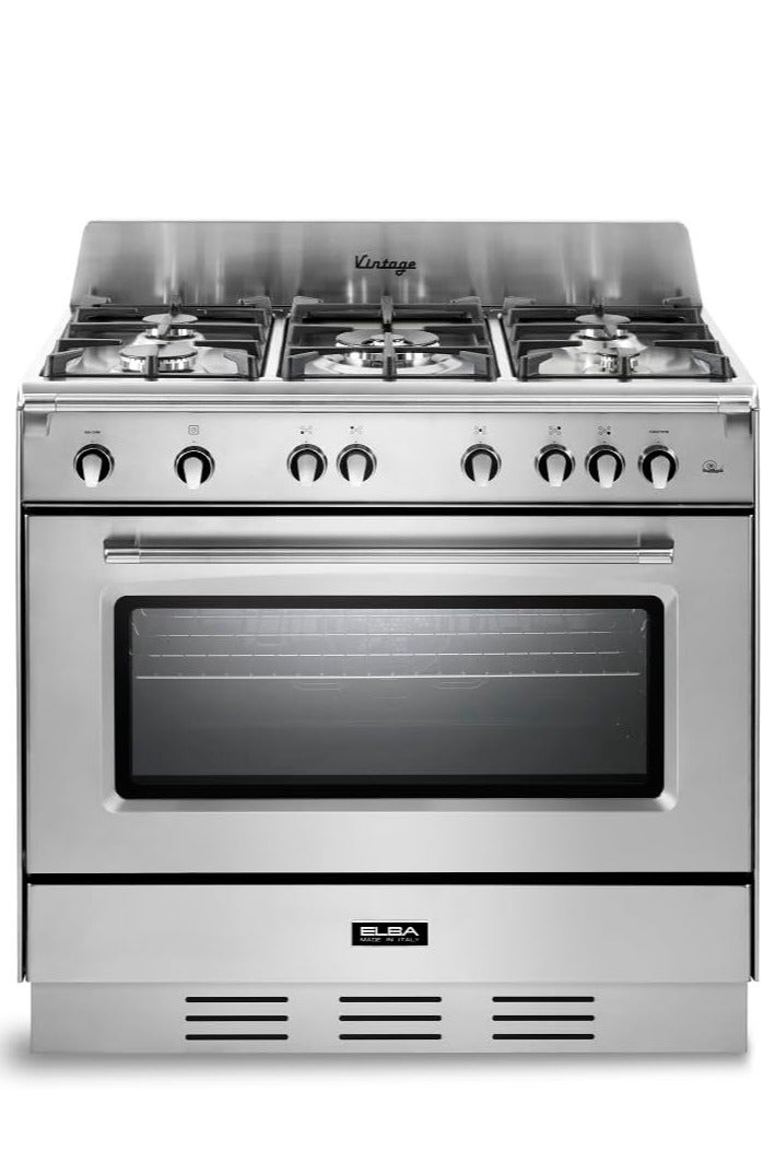 إل با - موقد غاز ستانلس ستيل 90 سم - موقد ووك مزدوج الحلقة 5 مناطق طهي - إشعال تلقائي - فرن 96 لتر 8 وظائف - شواية + مشواة + مروحة - مؤقت 120 دقيقة - مروحة تبريد - تخزين - تقنية إيطالية