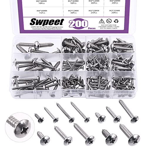 Swpeet 200Pcs 681012 304 Stainless Steel Phillips Truss Head Self Tapping Screws Phillips Cross Drive Wood Screws Sheet Metal Screws Assortment Kit for Sheet Metal Wood PVC Plastic - Image 1
