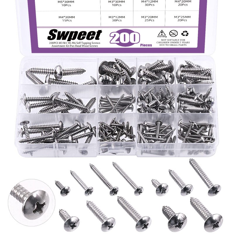 Swpeet 200Pcs 681012 304 Stainless Steel Phillips Truss Head Self Tapping Screws Phillips Cross Drive Wood Screws Sheet Metal Screws Assortment Kit for Sheet Metal Wood PVC Plastic - Image 2