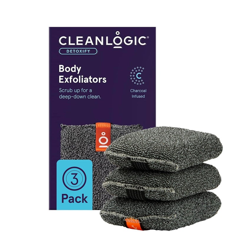 cleanlogic Cleanlogic Detoxify Purifying Charcoal Infused Exfoliating Body Scrubber, Reusable Exfoliator Tool for Smooth and Softer Skin, Daily Skincare Routine, 3 Count Value Pack
