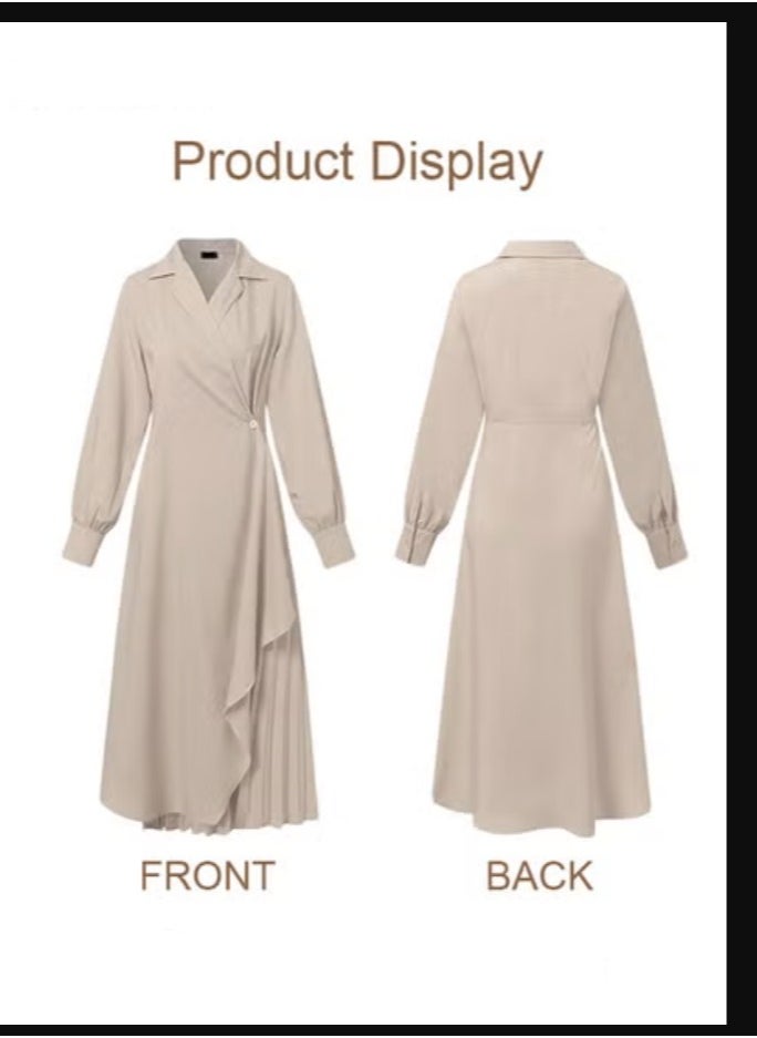 Loquat Ladies Tunic Dress Solid Color Formal Elegant Asymmetrical Pleated Design High Waiste Dress Vintage V-Neck Lapel Long Suit Ankle Length Dress for Women Casual Ramadan Beige  - Image 1