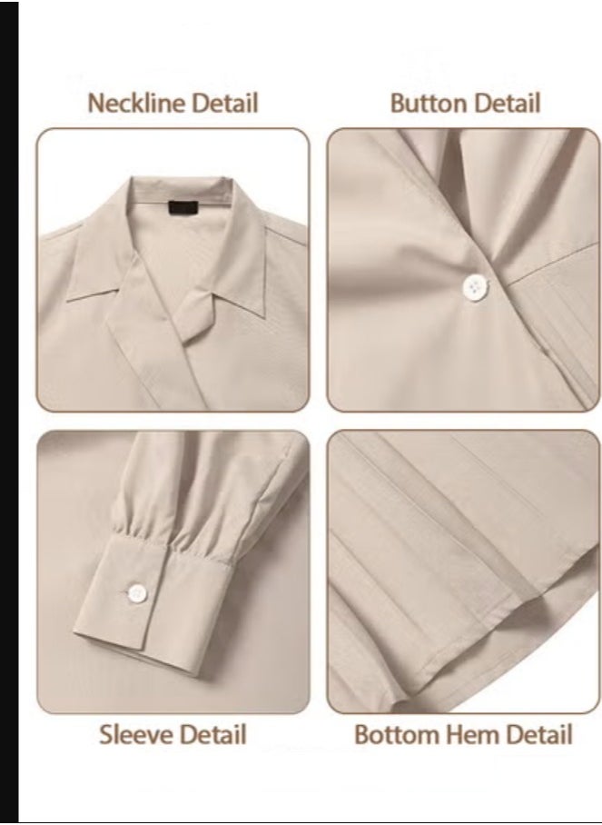 Loquat Ladies Tunic Dress Solid Color Formal Elegant Asymmetrical Pleated Design High Waiste Dress Vintage V-Neck Lapel Long Suit Ankle Length Dress for Women Casual Ramadan Beige  - Image 2