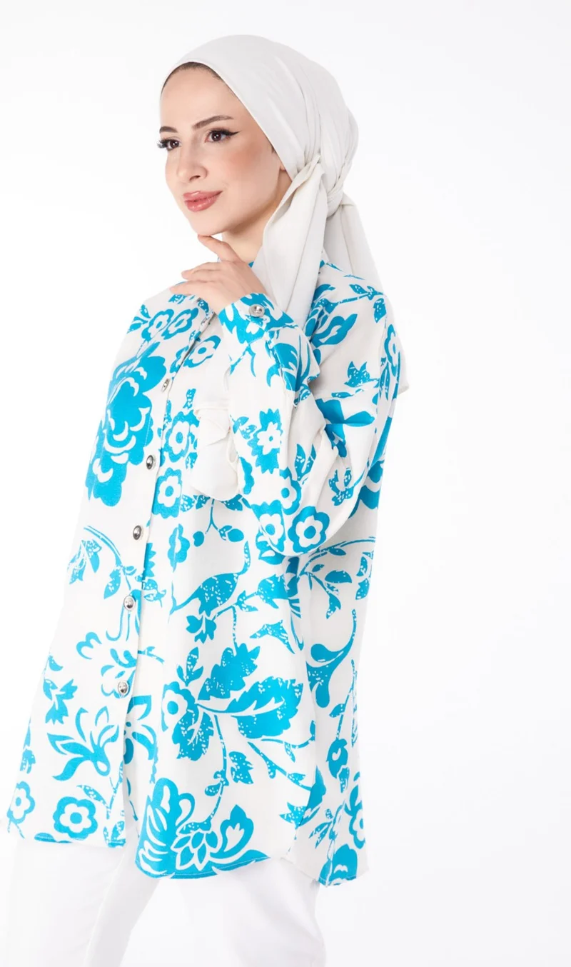 Tofisa Plain Shirt Collar Women's Blue Patterned Tunic - 25610