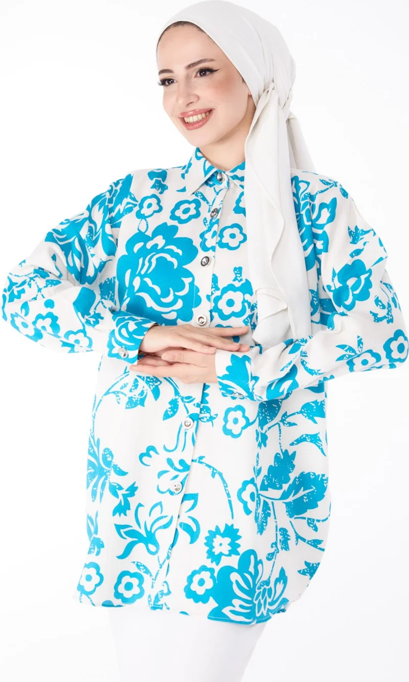 Tofisa Plain Shirt Collar Women's Blue Patterned Tunic - 25610