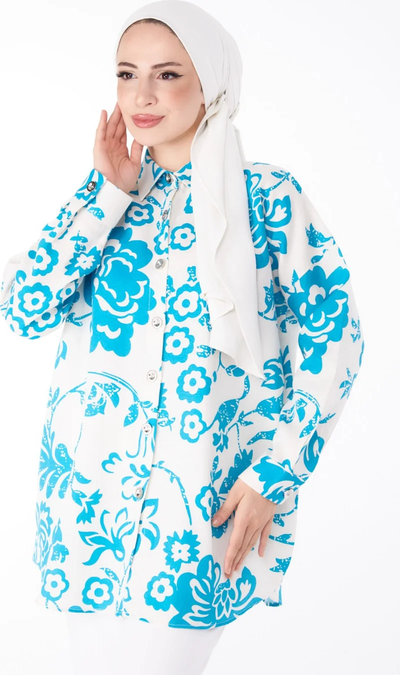 Tofisa Plain Shirt Collar Women's Blue Patterned Tunic - 25610