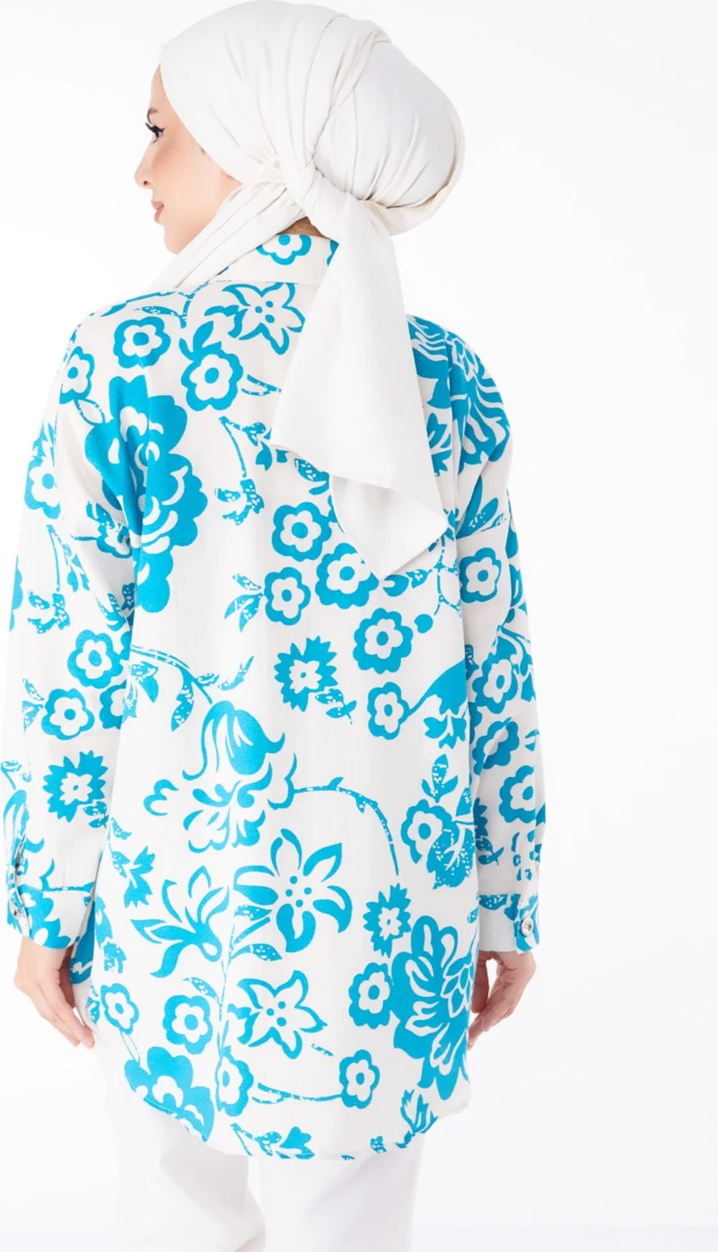 Tofisa Plain Shirt Collar Women's Blue Patterned Tunic - 25610