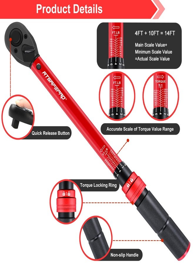 ATsafepro Torque Wrench-10-170 FT-LB,Torque Wrench1/2 Inch-±3% Accuracy with 72 Teeth Dual-Direction Adjustable for Car & Motorcycle，Truck - Image 3