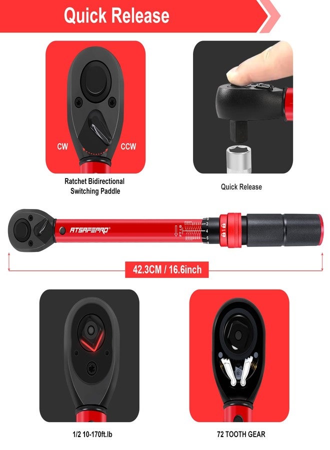 ATsafepro Torque Wrench-10-170 FT-LB,Torque Wrench1/2 Inch-±3% Accuracy with 72 Teeth Dual-Direction Adjustable for Car & Motorcycle，Truck - Image 2