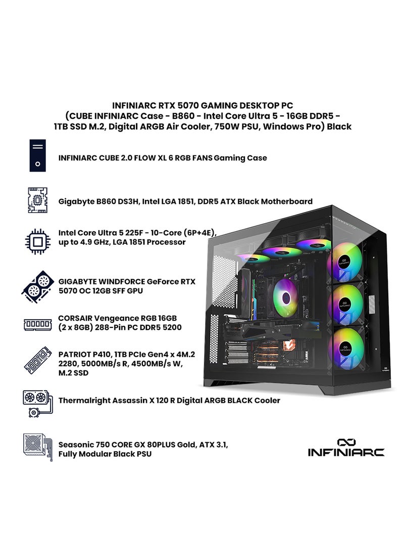 انفني ارك INFINIARC RTX 5070 Gaming Desktop PC (CUBE Case, B860 DS3H Motherboard, RTX 5070 12GB GPU, Intel Core Ultra 5 CPU, 16GB DDR5 RAM, 1TB SSD M.2, Digital ARGB Air Cooler, 650W CORE GX Plus PSU, Windows Pro) Black black - Image 3
