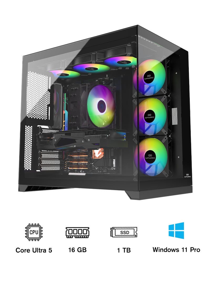 انفني ارك حاسوب ألعاب مع معالج كور ألترا 5 / 16 جيجابايت رام DDR5 / 1 تيرابايت SSD M.2 / 12 جيجابايت Nvidia GeForce RTX 5070 رسومات / ويندوز 11 برو مع صندوق CUBE لوحة أم B860 DS3H، مبرد هواء ARGB رقمي، 750 واط Core GX Gold PSU - Image 1