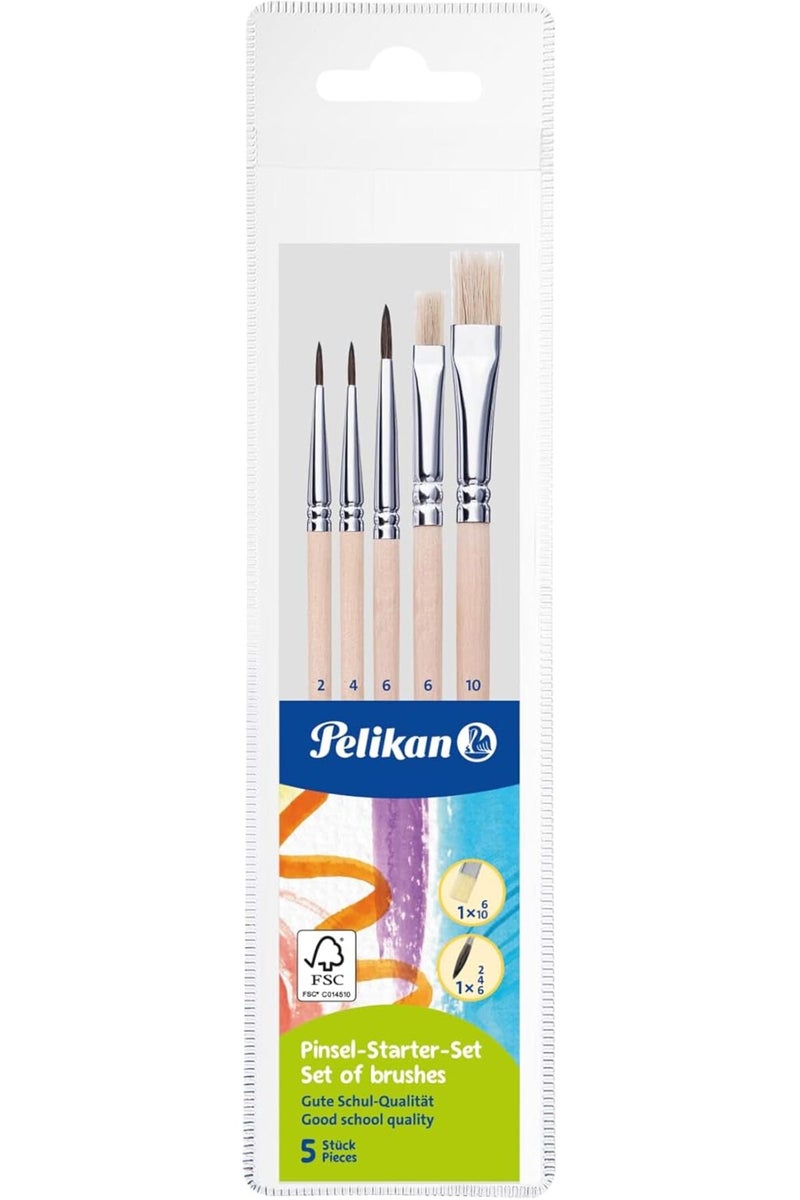 بيليكان Pelikan 5‑Piece Starter Paint Brush Set 718163 – Mixed Hair & Bristle Brushes for School & Hobby Painting - Image 1